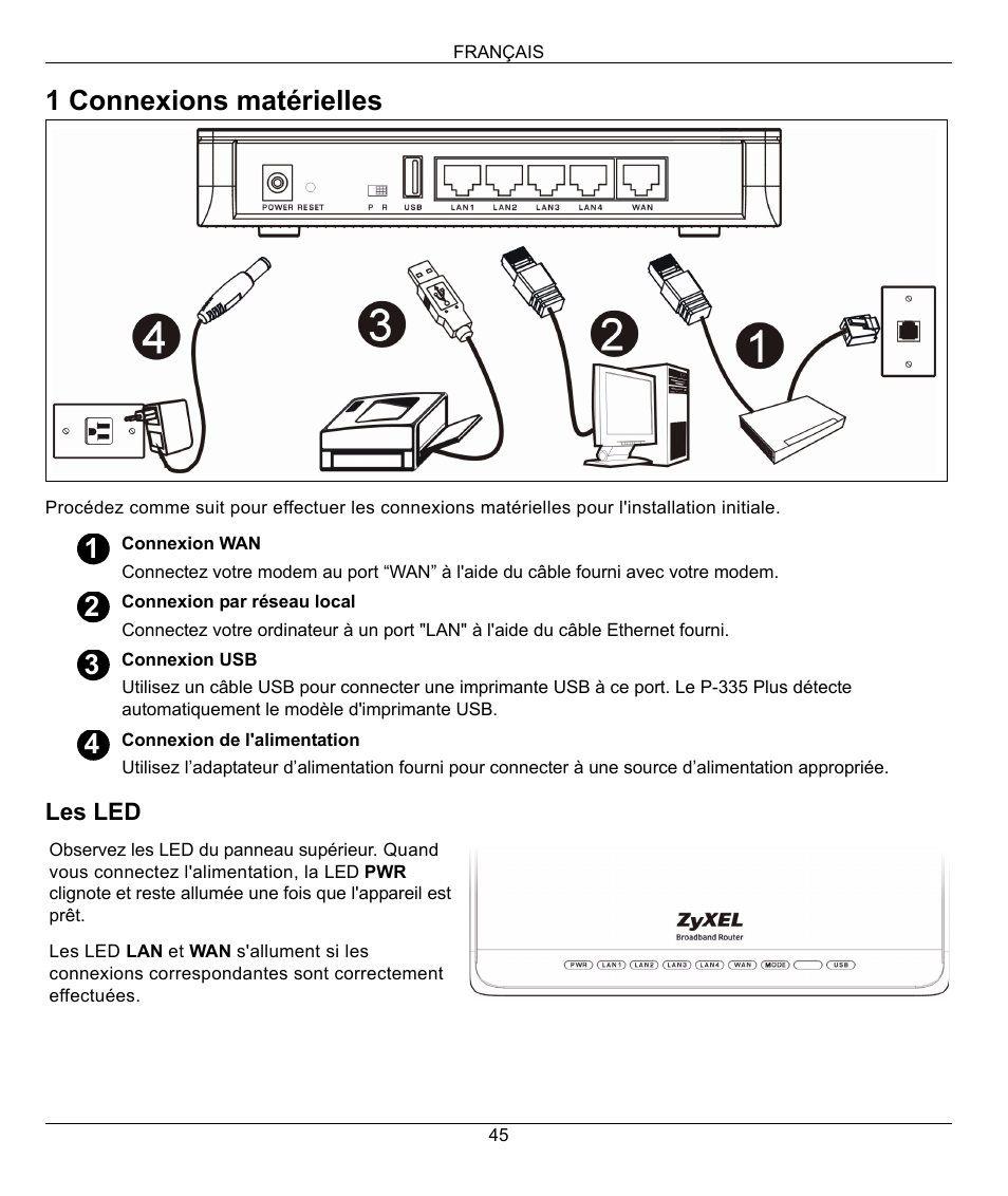 1 connexions matérielles | ZyXEL Communications P-335 Plus User Manual | Page 45 / 95