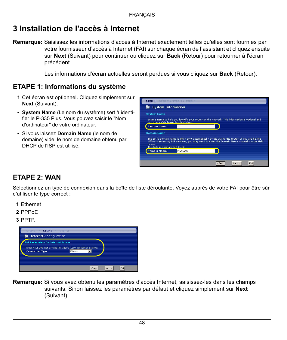 3 installation de l'accès à internet, Etape 1: informations du système etape 2: wan | ZyXEL Communications P-335 Plus User Manual | Page 48 / 95