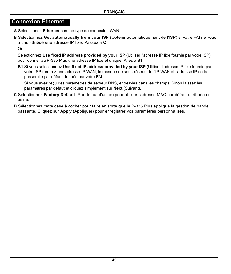 Connexion ethernet | ZyXEL Communications P-335 Plus User Manual | Page 49 / 95