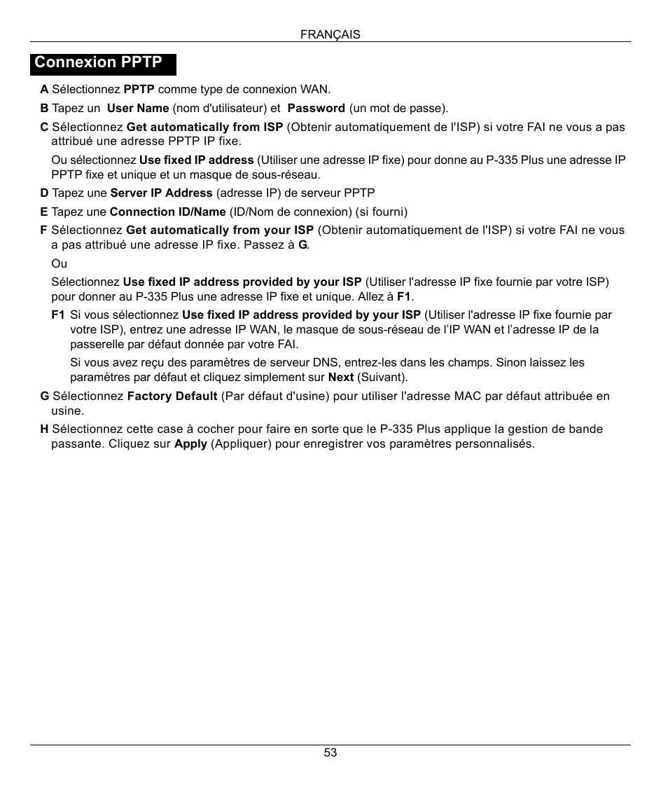 Connexion pptp | ZyXEL Communications P-335 Plus User Manual | Page 53 / 95