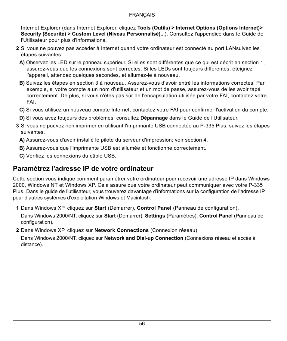 Paramétrez l'adresse ip de votre ordinateur | ZyXEL Communications P-335 Plus User Manual | Page 56 / 95