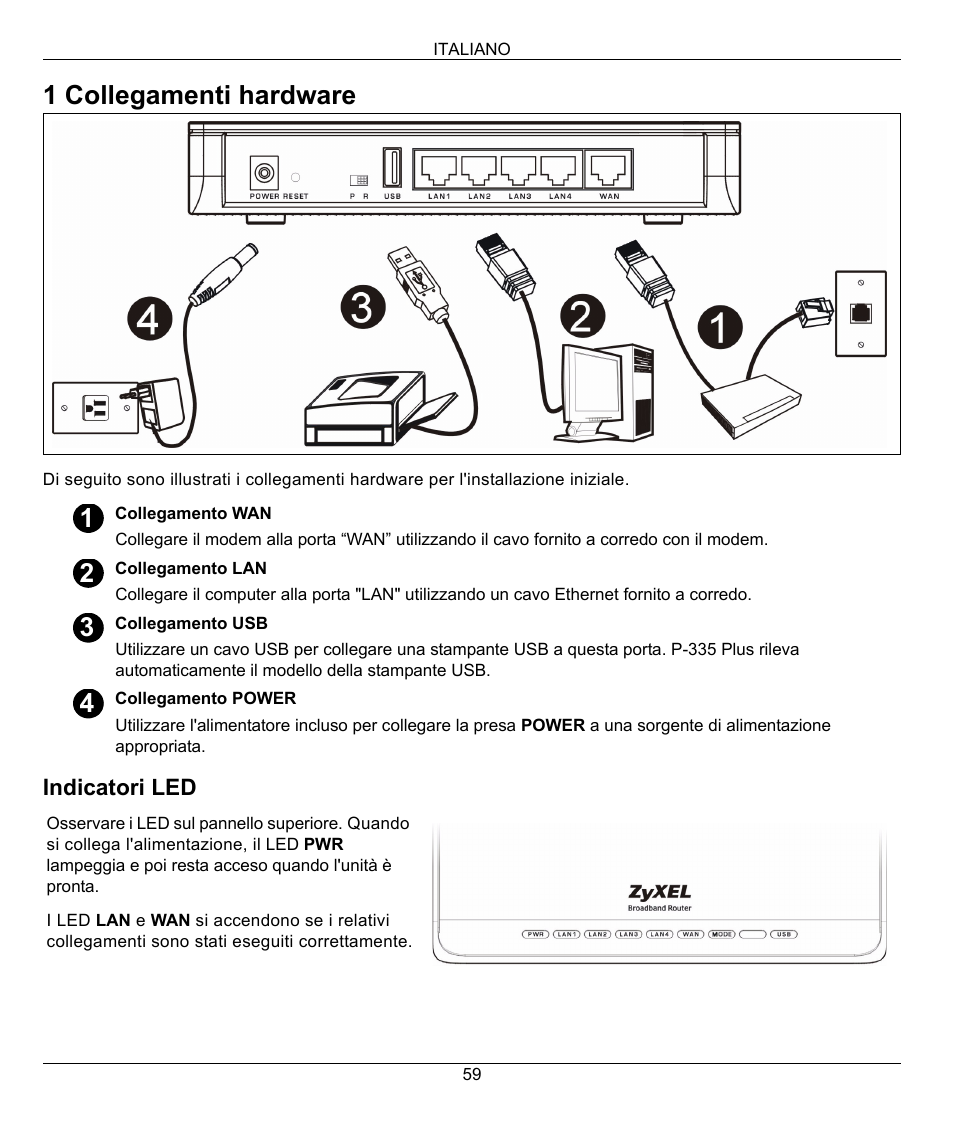 1 collegamenti hardware | ZyXEL Communications P-335 Plus User Manual | Page 59 / 95