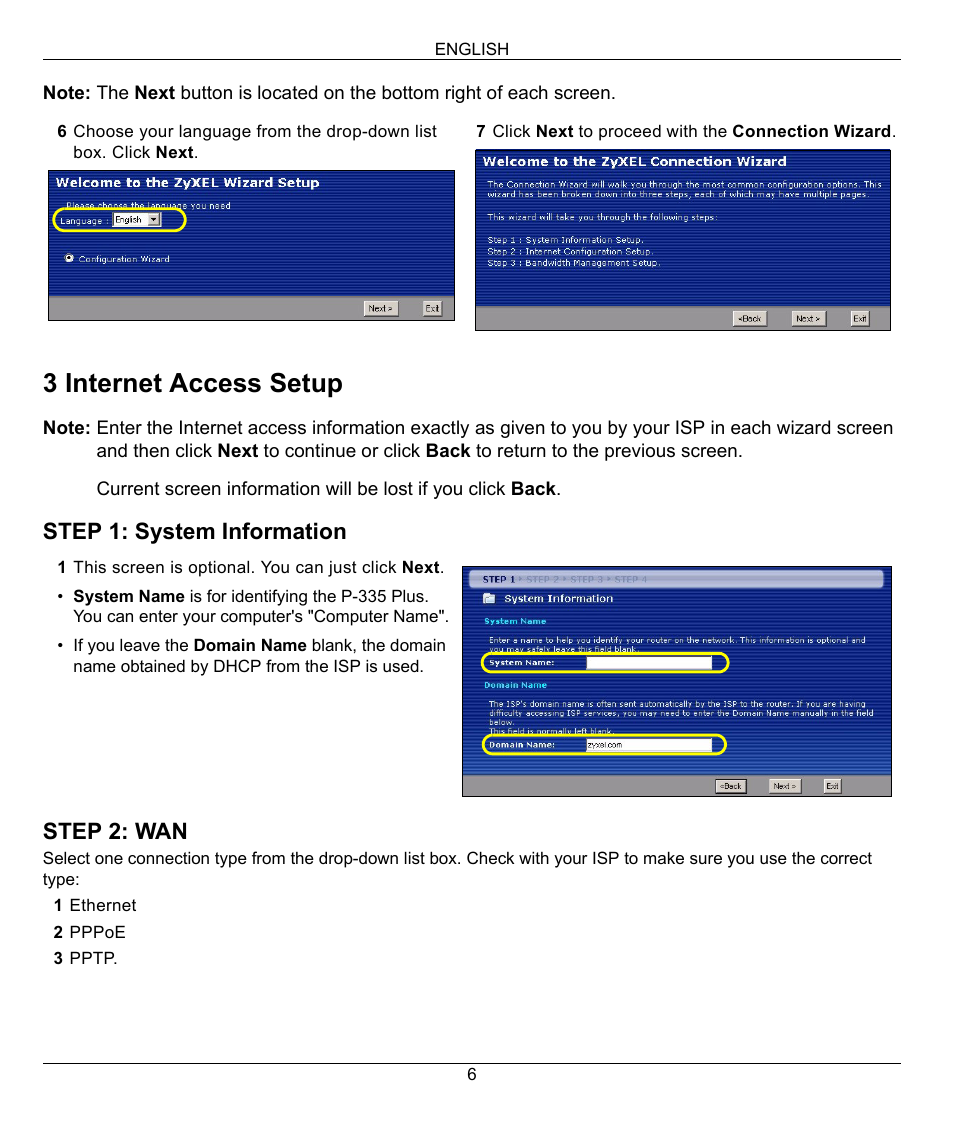 3 internet access setup, Step 1: system information step 2: wan | ZyXEL Communications P-335 Plus User Manual | Page 6 / 95