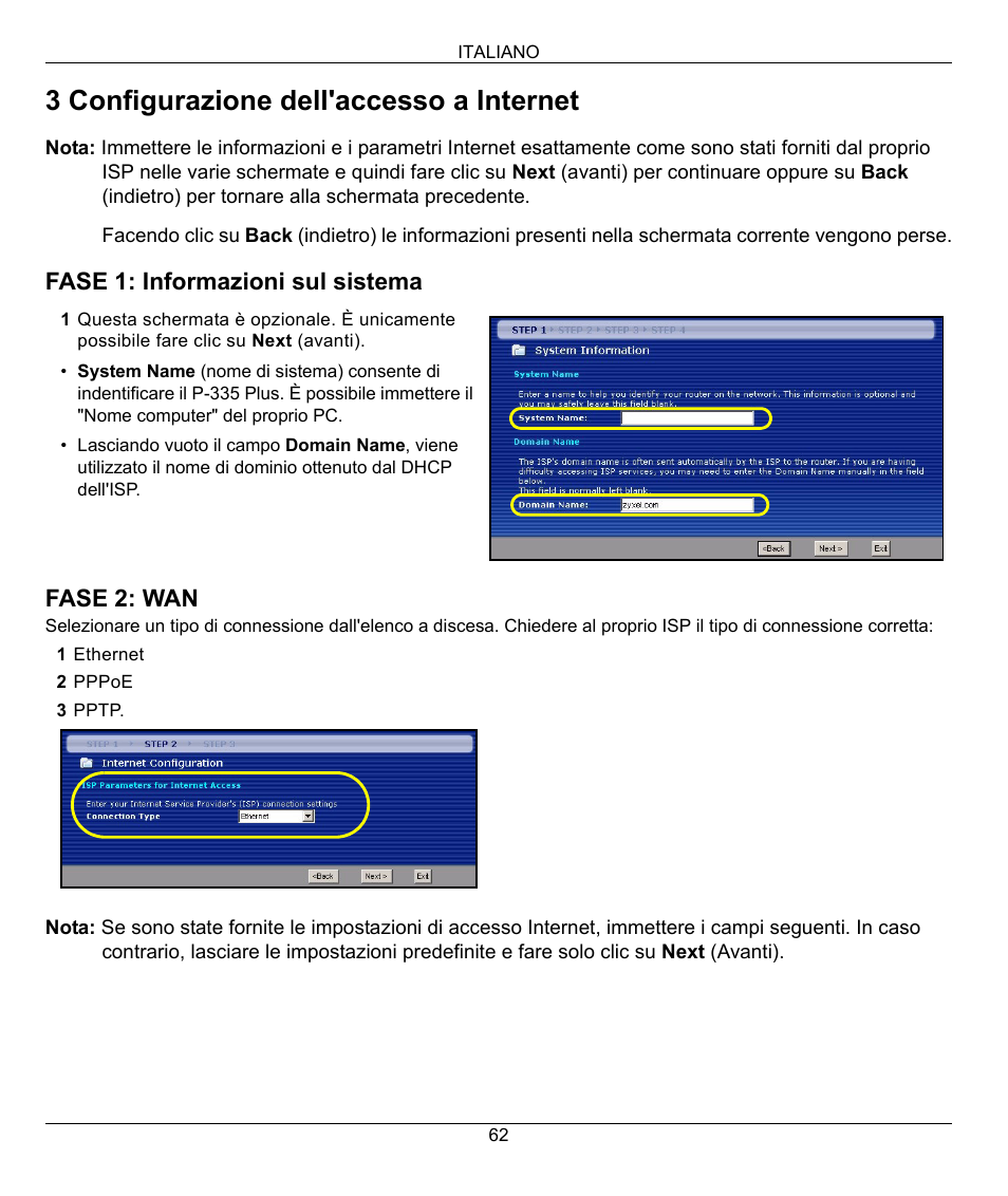 3 configurazione dell'accesso a internet, Fase 1: informazioni sul sistema fase 2: wan | ZyXEL Communications P-335 Plus User Manual | Page 62 / 95