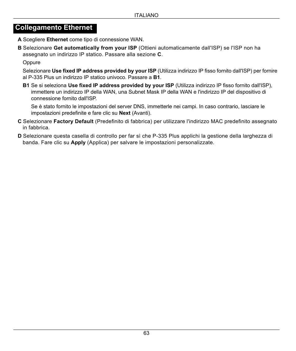 Collegamento ethernet | ZyXEL Communications P-335 Plus User Manual | Page 63 / 95