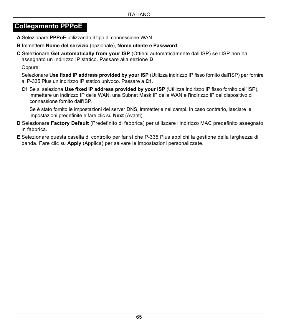 Collegamento pppoe | ZyXEL Communications P-335 Plus User Manual | Page 65 / 95