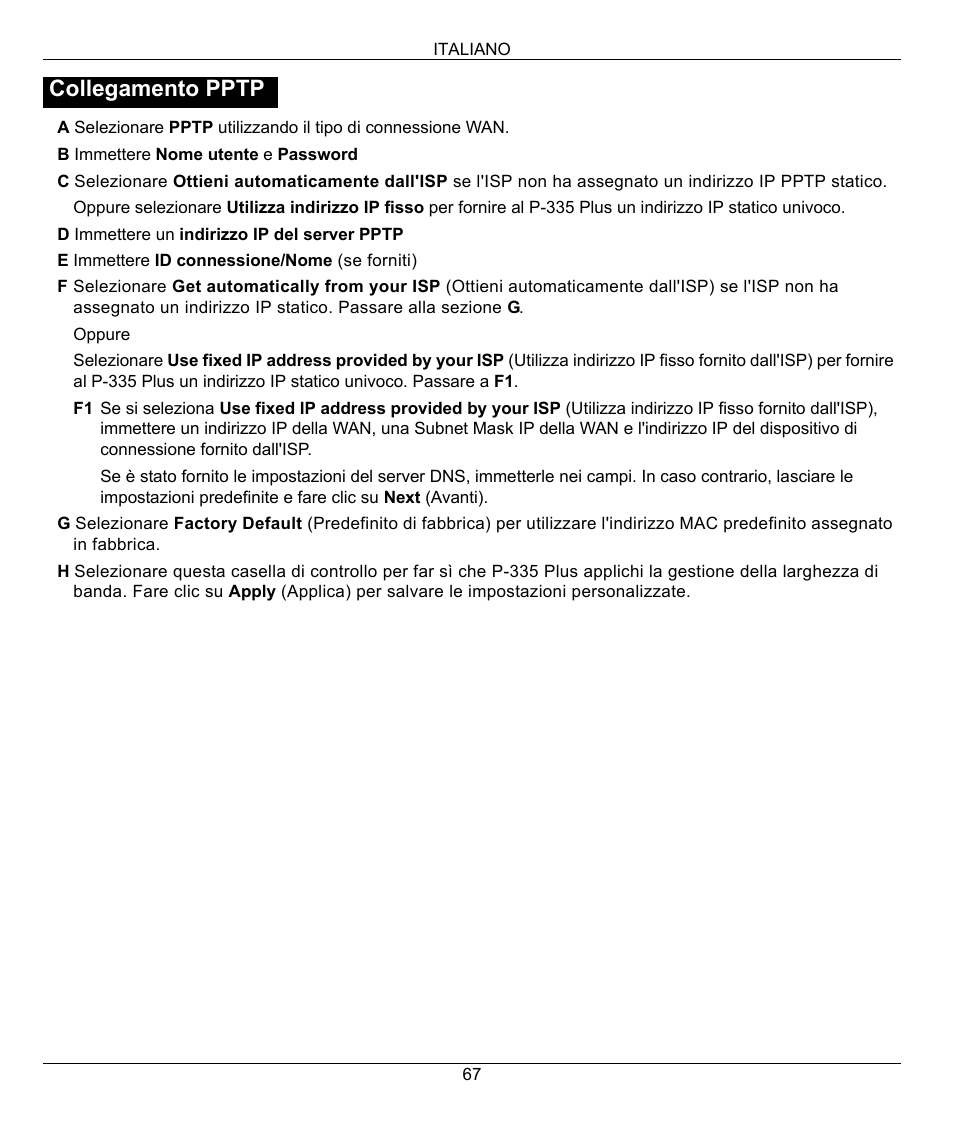 Collegamento pptp | ZyXEL Communications P-335 Plus User Manual | Page 67 / 95