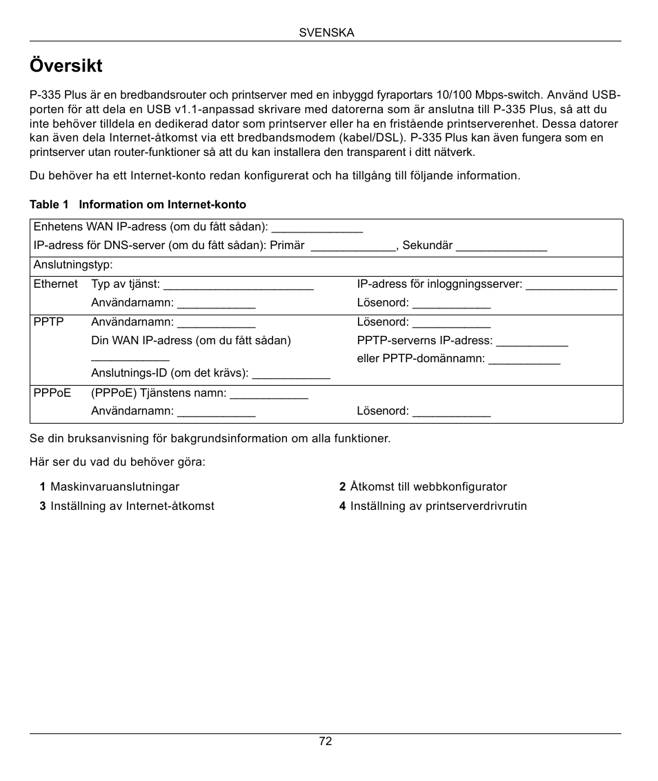 Svenska, Översikt | ZyXEL Communications P-335 Plus User Manual | Page 72 / 95