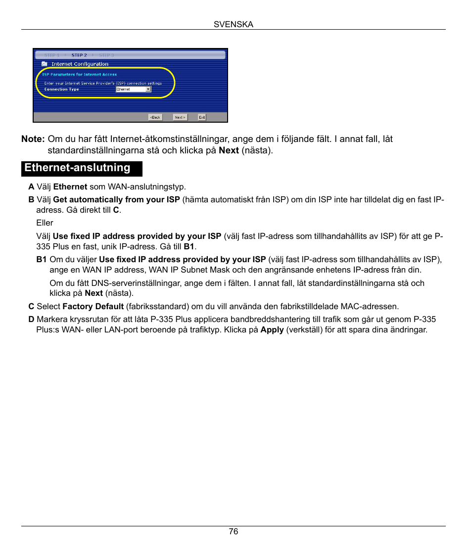 Ethernet-anslutning | ZyXEL Communications P-335 Plus User Manual | Page 76 / 95