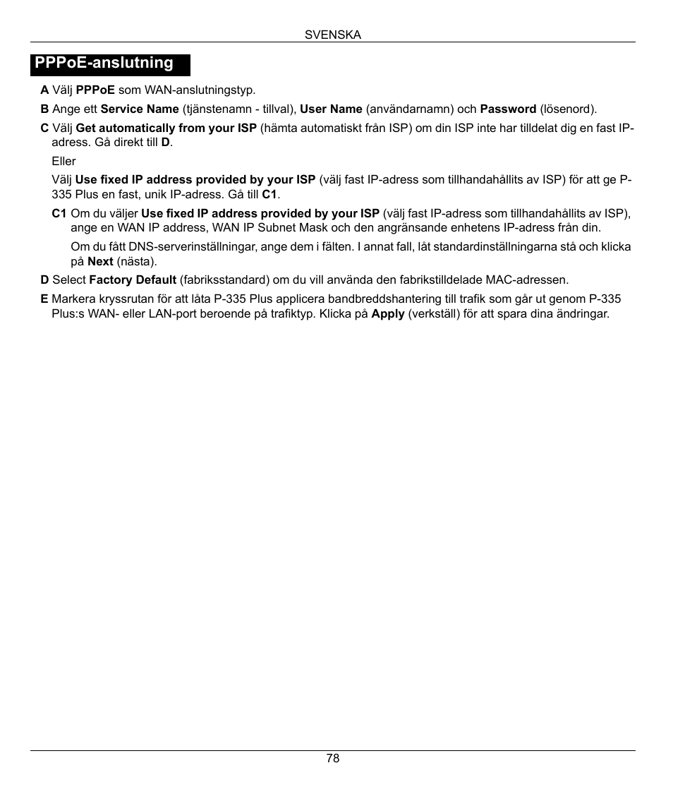 Pppoe-anslutning | ZyXEL Communications P-335 Plus User Manual | Page 78 / 95