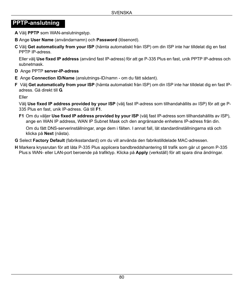 Pptp-anslutning | ZyXEL Communications P-335 Plus User Manual | Page 80 / 95