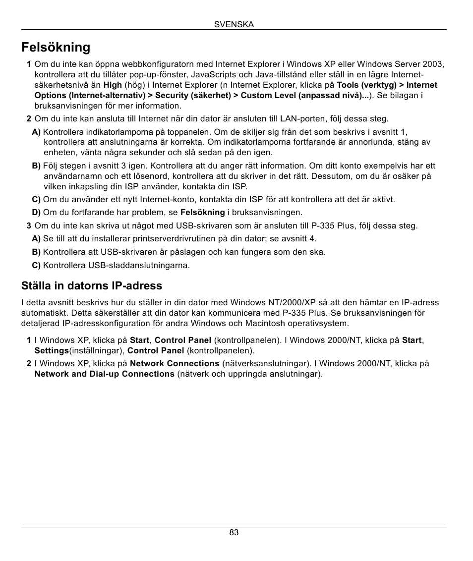 Felsökning, Ställa in datorns ip-adress | ZyXEL Communications P-335 Plus User Manual | Page 83 / 95