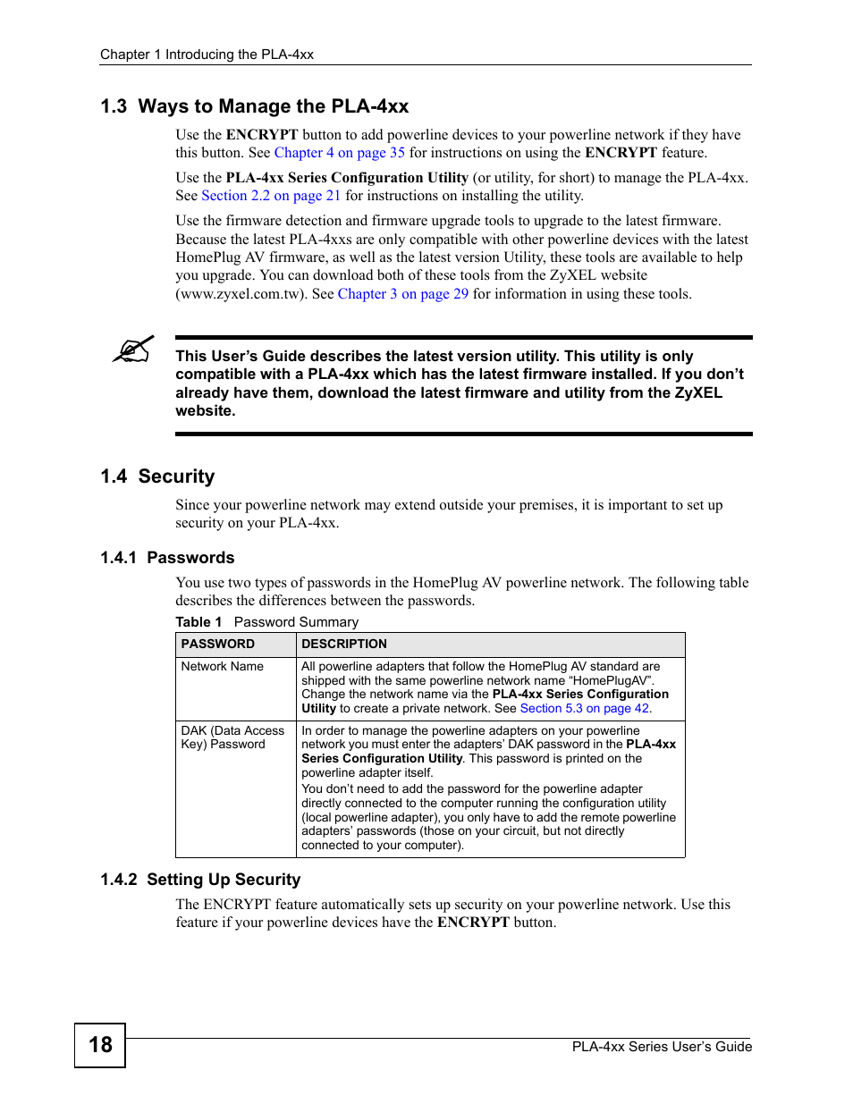 3 ways to manage the pla-4xx, 4 security, 1 passwords | 2 setting up security, 3 ways to manage the pla-4xx 1.4 security, 1 passwords 1.4.2 setting up security, Table 1 password summary | ZyXEL Communications PLA-4xx User Manual | Page 18 / 90