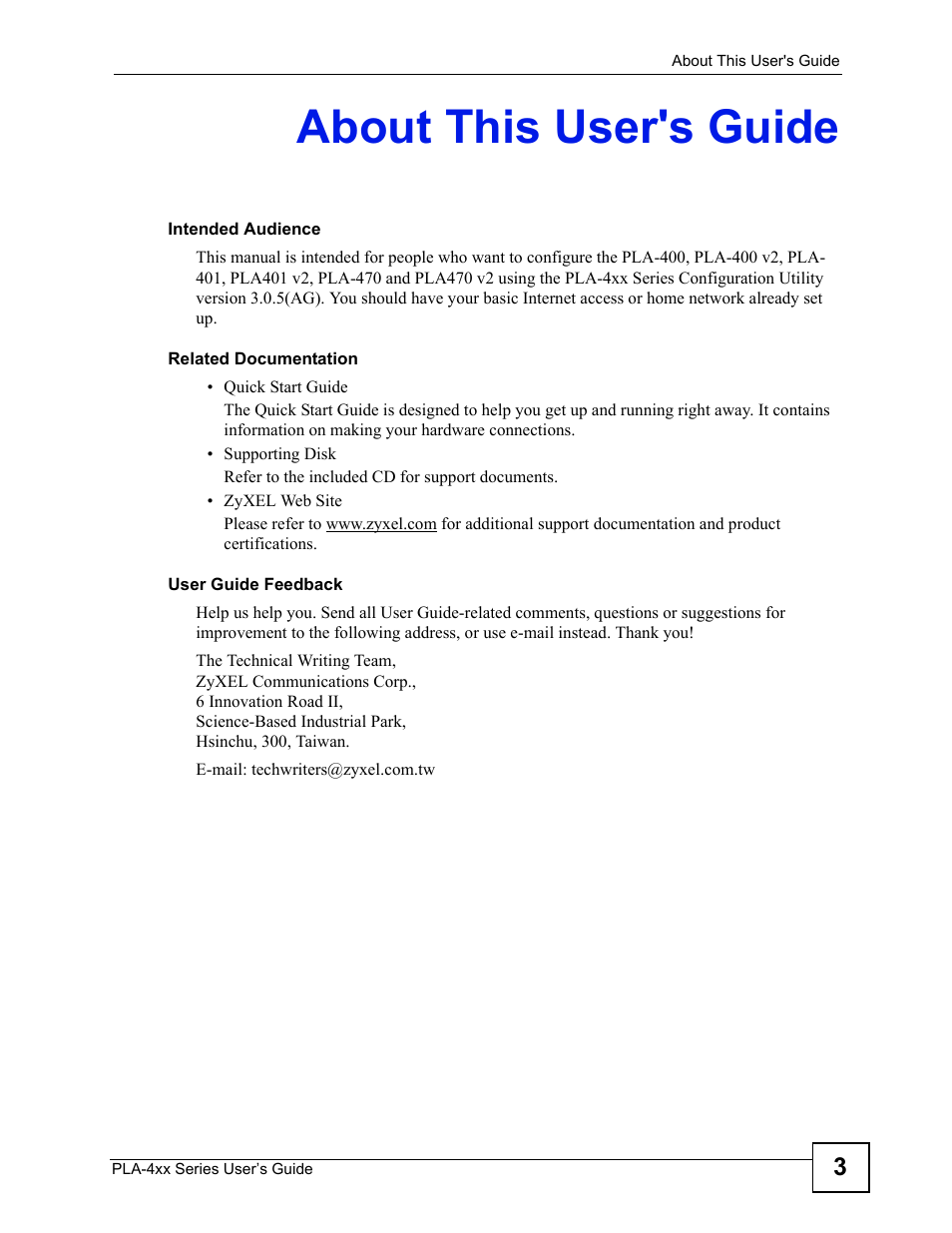 About this user's guide | ZyXEL Communications PLA-4xx User Manual | Page 3 / 90