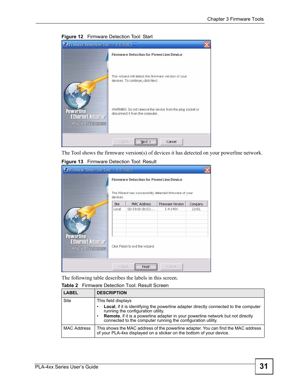 Table 2 firmware detection tool: result screen | ZyXEL Communications PLA-4xx User Manual | Page 31 / 90