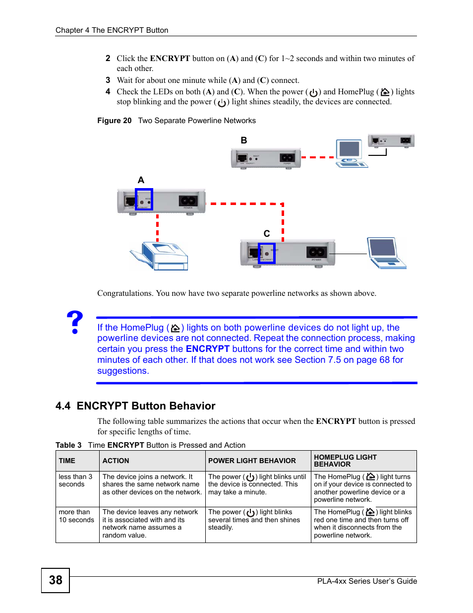 4 encrypt button behavior, Table 3 time e, Figure 20 two separate powerline networks | ZyXEL Communications PLA-4xx User Manual | Page 38 / 90