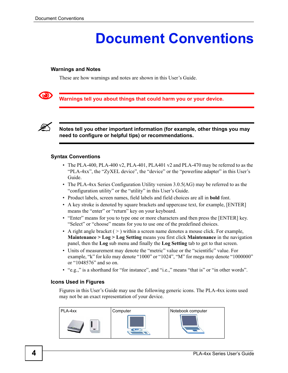 Document conventions | ZyXEL Communications PLA-4xx User Manual | Page 4 / 90