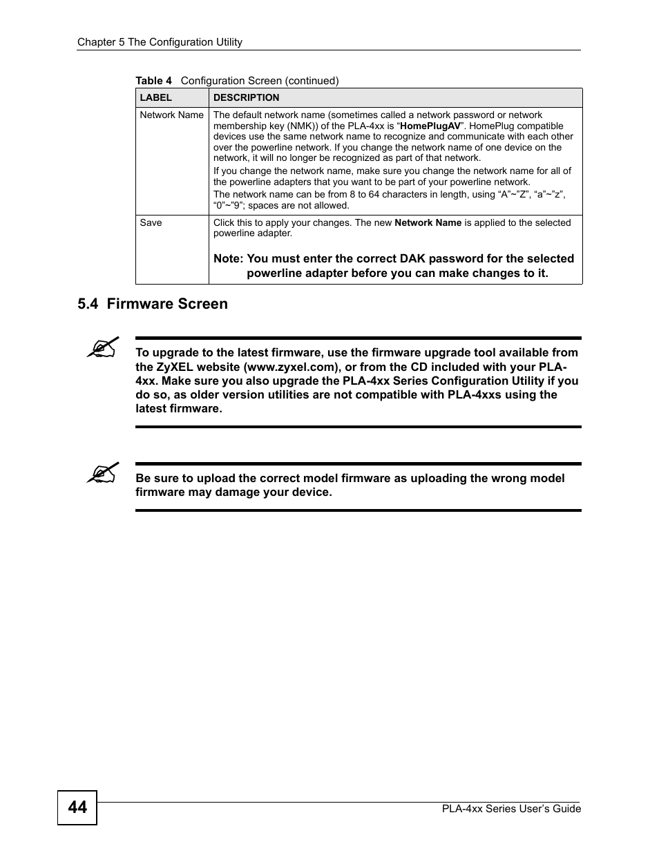 4 firmware screen | ZyXEL Communications PLA-4xx User Manual | Page 44 / 90