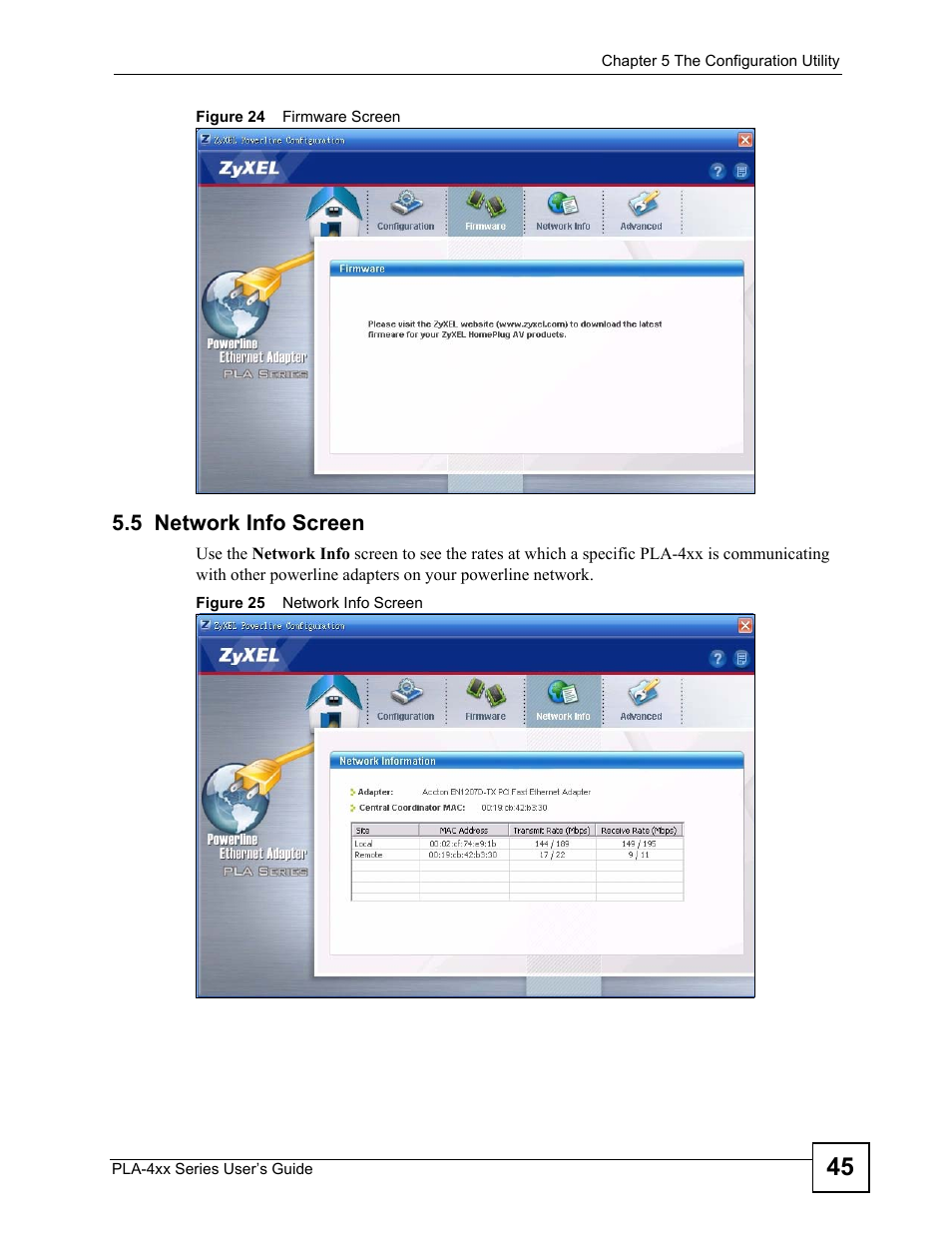 5 network info screen | ZyXEL Communications PLA-4xx User Manual | Page 45 / 90