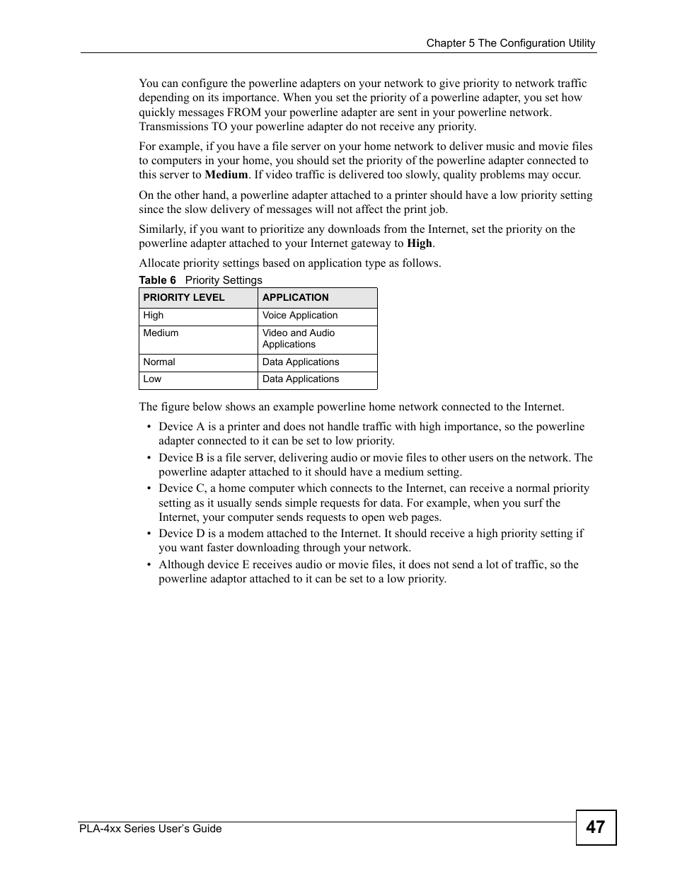 Table 6 priority settings | ZyXEL Communications PLA-4xx User Manual | Page 47 / 90