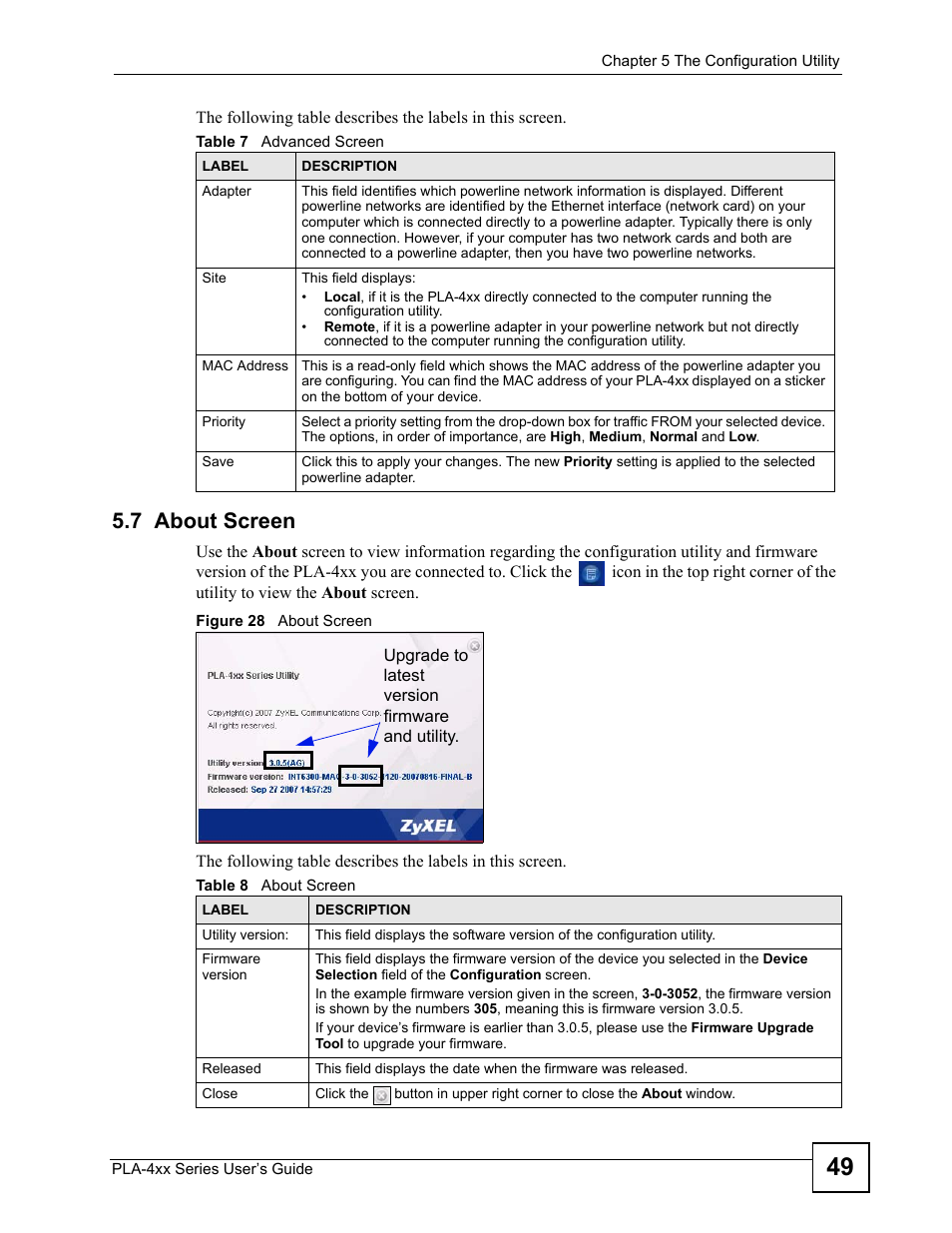 7 about screen, Table 7 advanced screen table 8 about screen, Figure 28 about screen | ZyXEL Communications PLA-4xx User Manual | Page 49 / 90