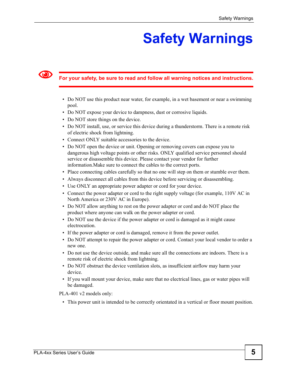 Safety warnings | ZyXEL Communications PLA-4xx User Manual | Page 5 / 90