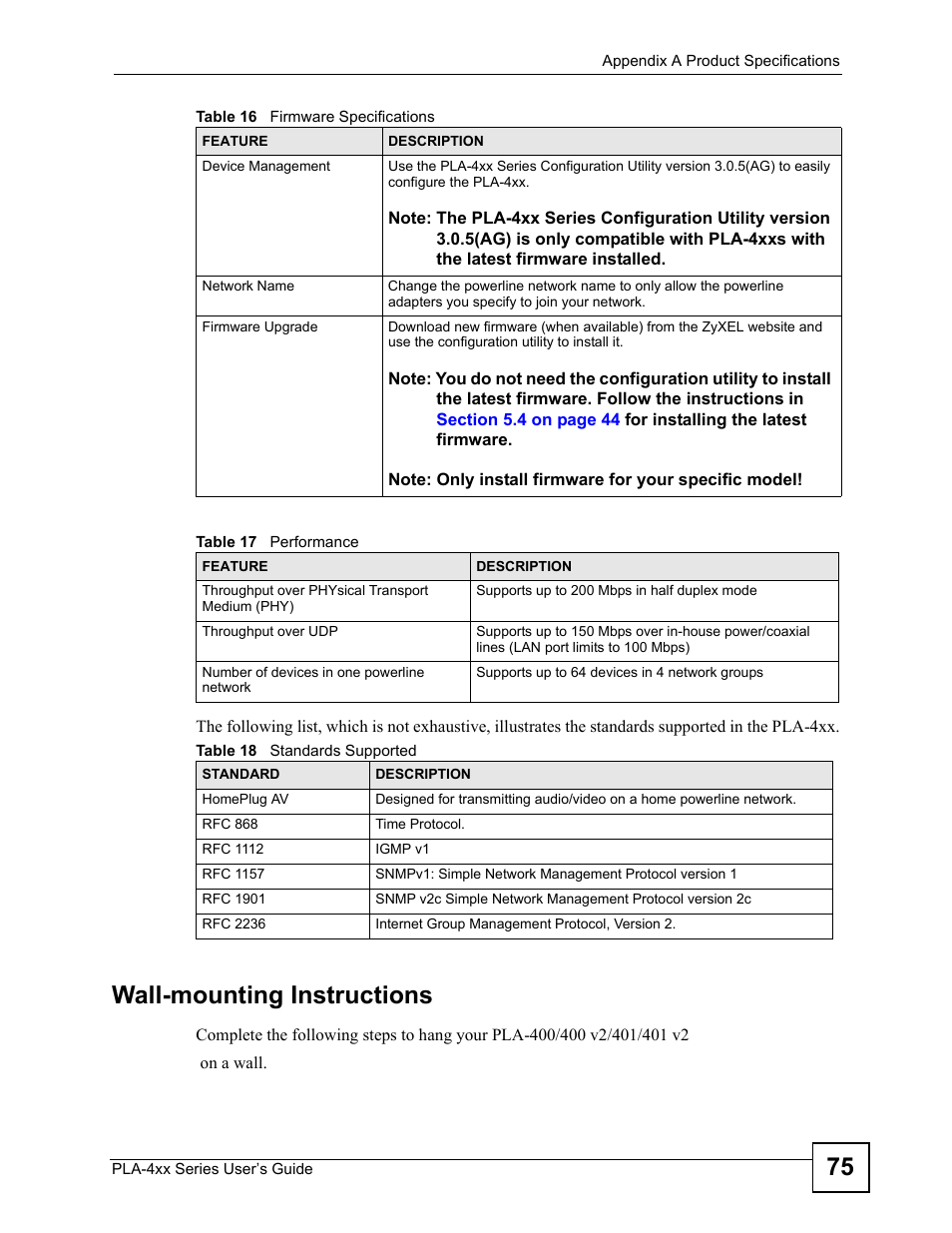 Table 17 performance table 18 standards supported, Wall-mounting instructions | ZyXEL Communications PLA-4xx User Manual | Page 75 / 90