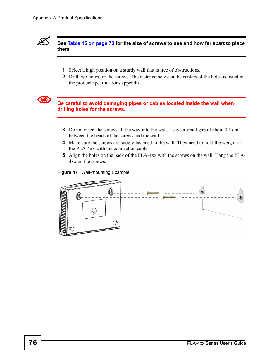 Figure 47 wall-mounting example | ZyXEL Communications PLA-4xx User Manual | Page 76 / 90