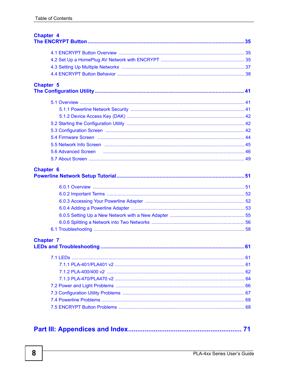 Part iii: appendices and index | ZyXEL Communications PLA-4xx User Manual | Page 8 / 90