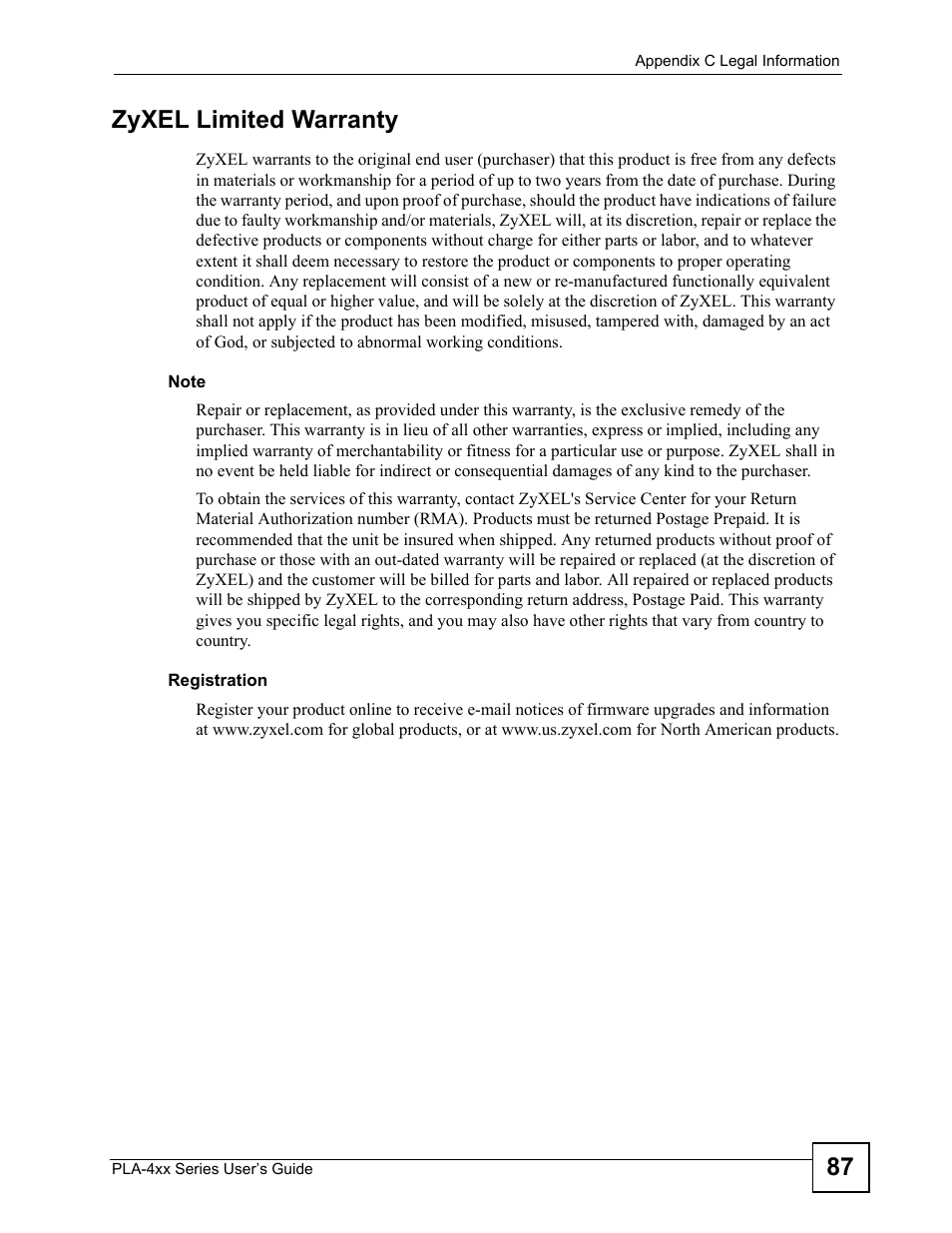 87 zyxel limited warranty | ZyXEL Communications PLA-4xx User Manual | Page 87 / 90