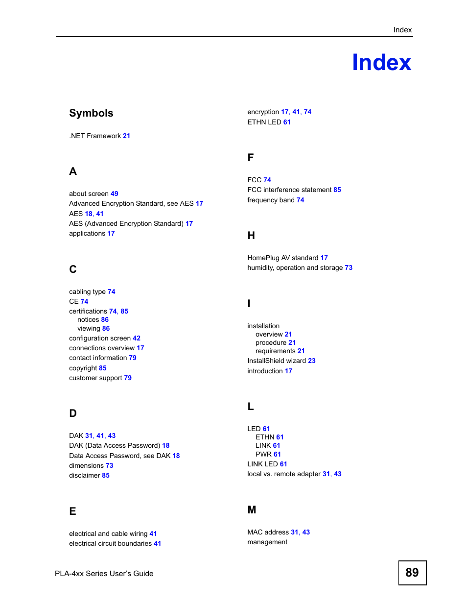 Index, Index (89), Symbols | ZyXEL Communications PLA-4xx User Manual | Page 89 / 90