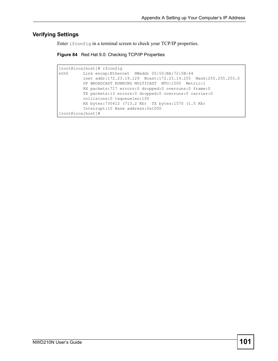 Figure 84 red hat 9.0: checking tcp/ip properties | ZyXEL Communications NWD210N User Manual | Page 101 / 152