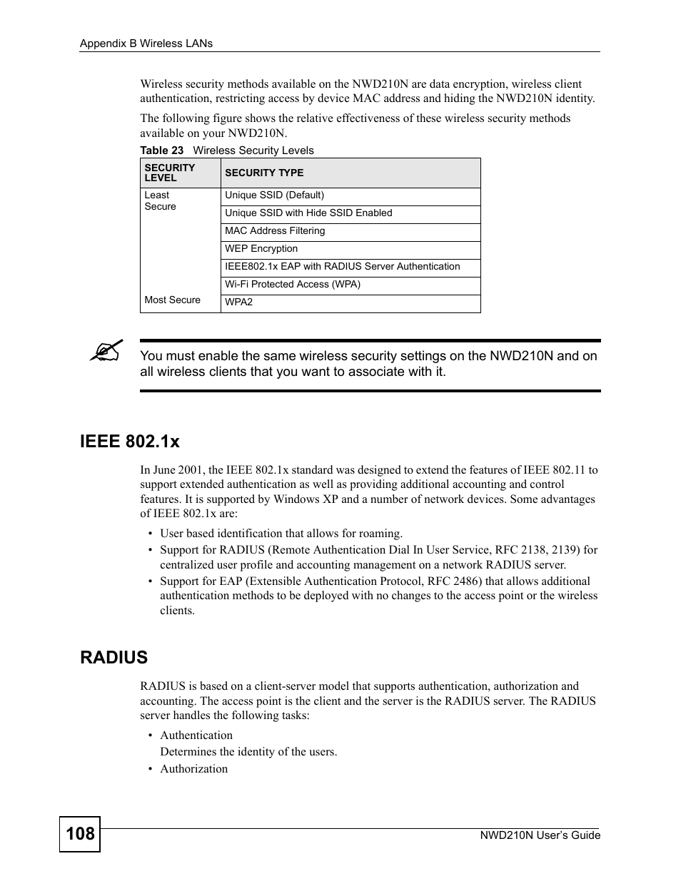 Table 23 wireless security levels, Ieee 802.1x, Radius | ZyXEL Communications NWD210N User Manual | Page 108 / 152