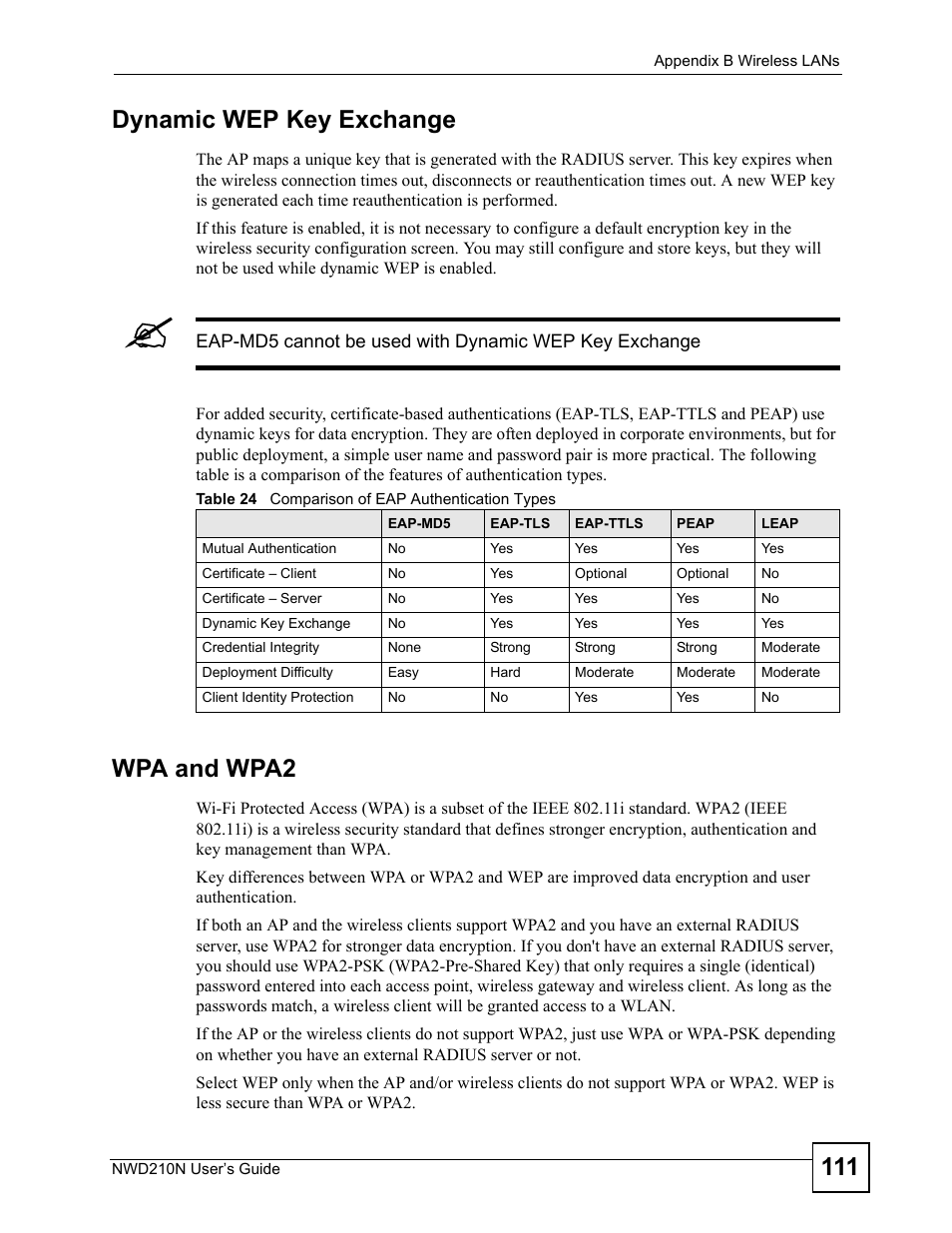 Table 24 comparison of eap authentication types, 111 dynamic wep key exchange, Wpa and wpa2 | ZyXEL Communications NWD210N User Manual | Page 111 / 152
