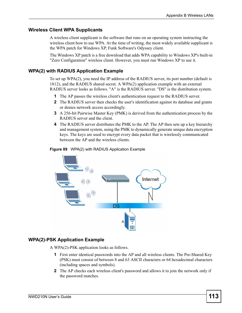 Figure 89 wpa(2) with radius application example | ZyXEL Communications NWD210N User Manual | Page 113 / 152