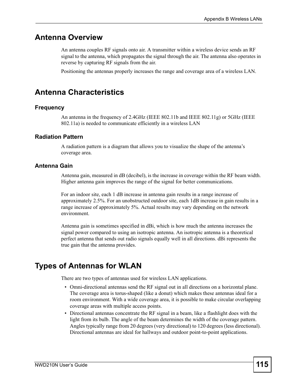 115 antenna overview, Antenna characteristics, Types of antennas for wlan | ZyXEL Communications NWD210N User Manual | Page 115 / 152