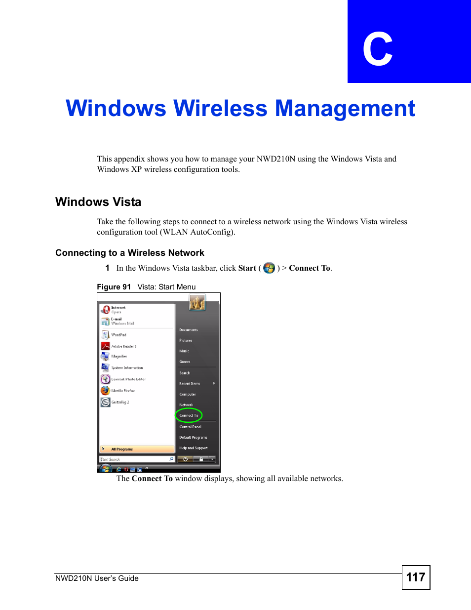 Windows wireless management, Appendix c windows wireless management, Figure 91 vista: start menu | Windows wireless management (117) | ZyXEL Communications NWD210N User Manual | Page 117 / 152