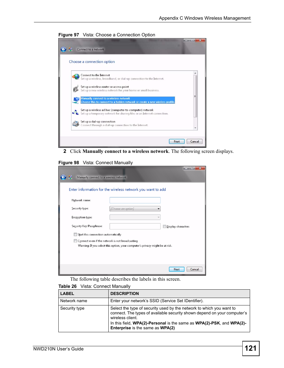 Table 26 vista: connect manually | ZyXEL Communications NWD210N User Manual | Page 121 / 152