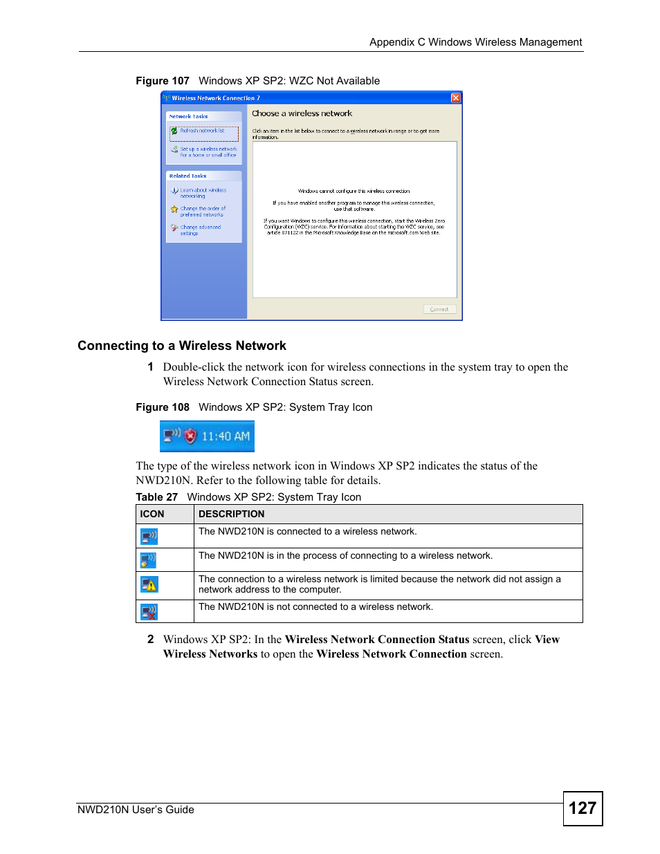 Table 27 windows xp sp2: system tray icon | ZyXEL Communications NWD210N User Manual | Page 127 / 152