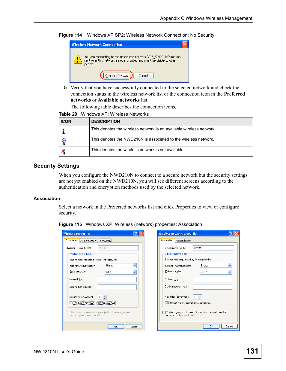 Table 29 windows xp: wireless networks | ZyXEL Communications NWD210N User Manual | Page 131 / 152