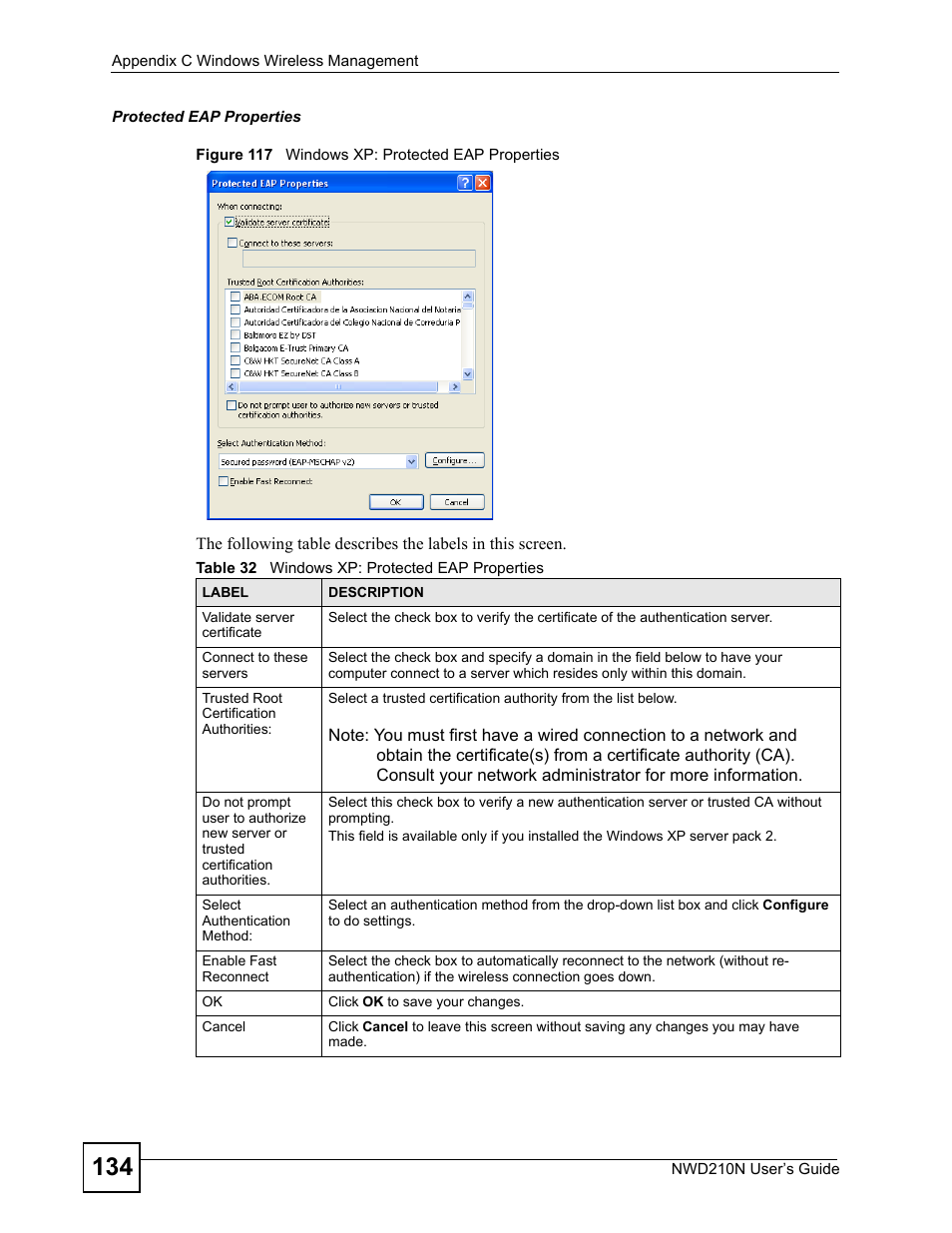 Figure 117 windows xp: protected eap properties, Table 32 windows xp: protected eap properties | ZyXEL Communications NWD210N User Manual | Page 134 / 152