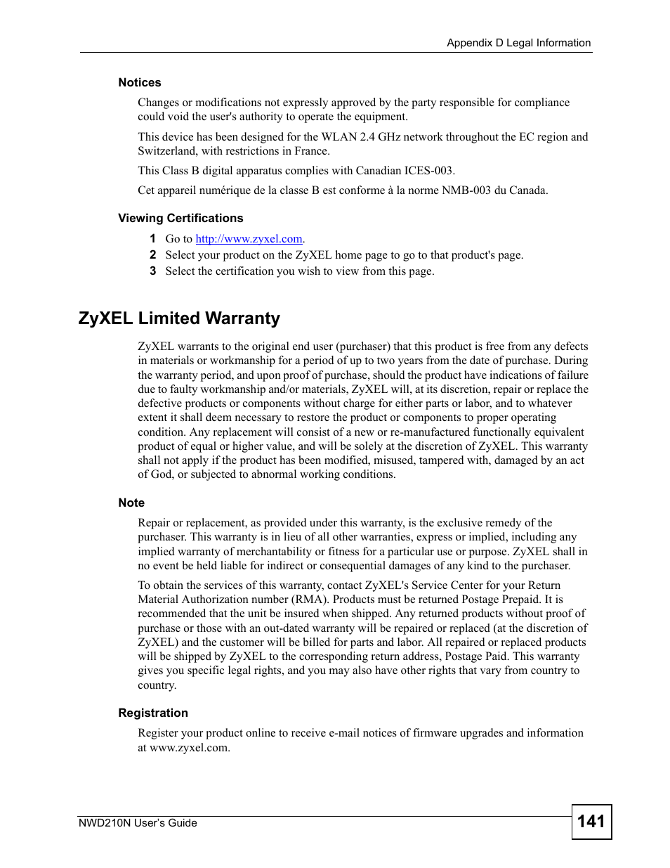 Zyxel limited warranty | ZyXEL Communications NWD210N User Manual | Page 141 / 152