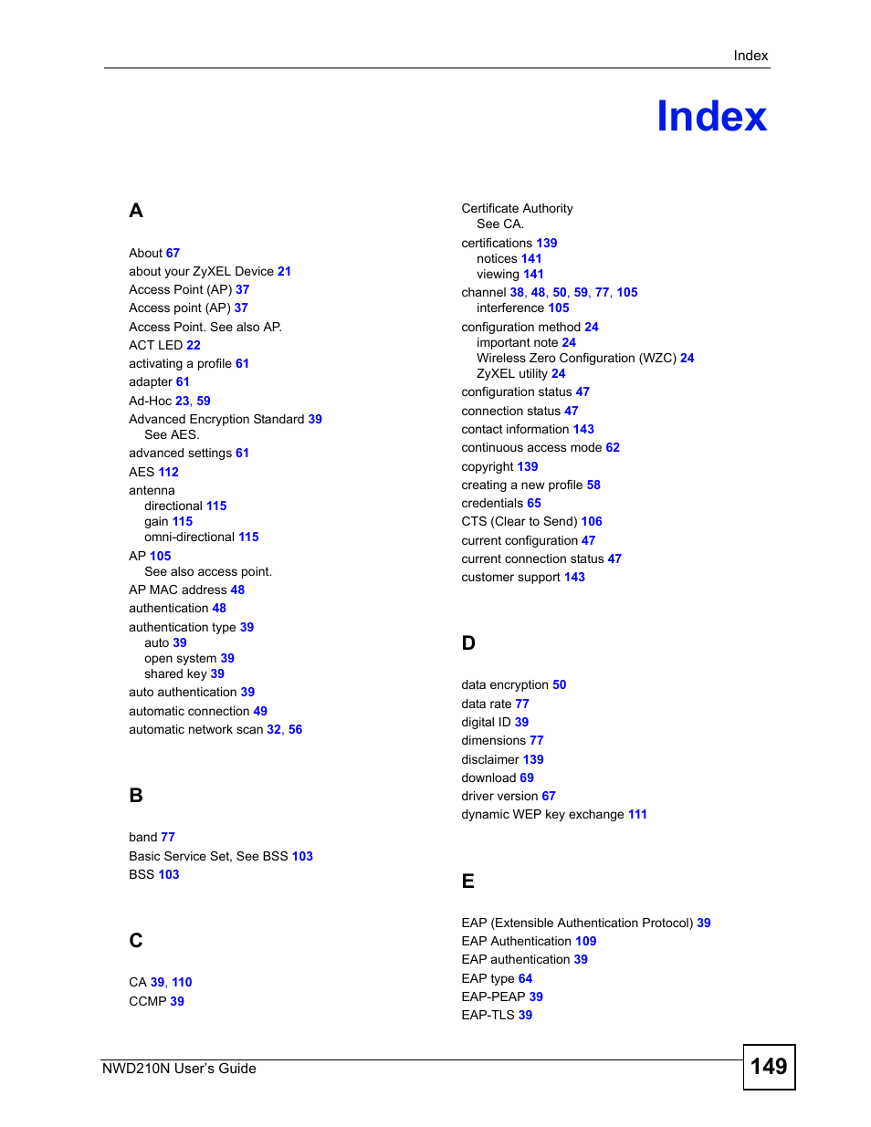 Index, Index (149) | ZyXEL Communications NWD210N User Manual | Page 149 / 152