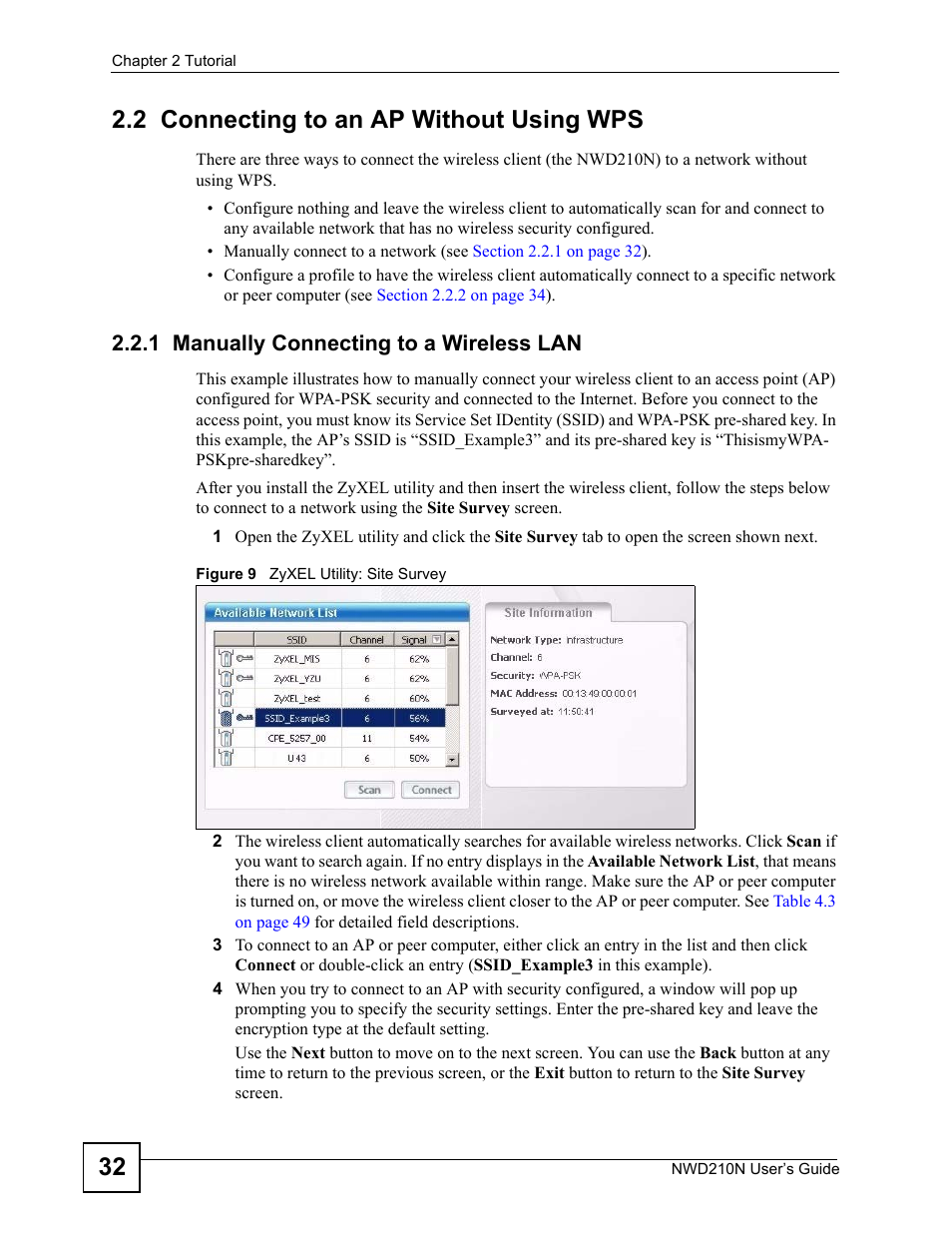 2 connecting to an ap without using wps, 1 manually connecting to a wireless lan, Figure 9 zyxel utility: site survey | 32 2.2 connecting to an ap without using wps | ZyXEL Communications NWD210N User Manual | Page 32 / 152