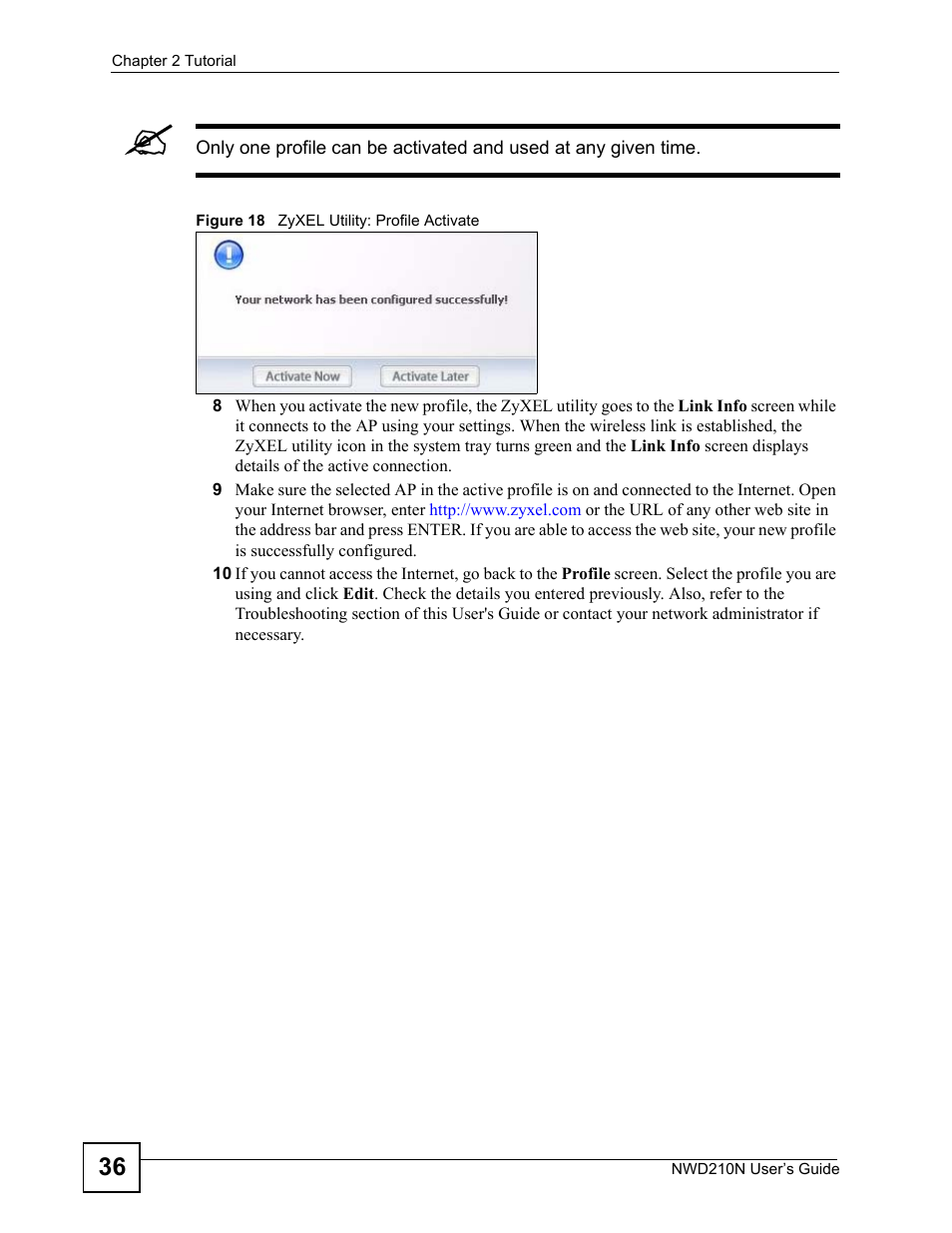 Figure 18 zyxel utility: profile activate | ZyXEL Communications NWD210N User Manual | Page 36 / 152