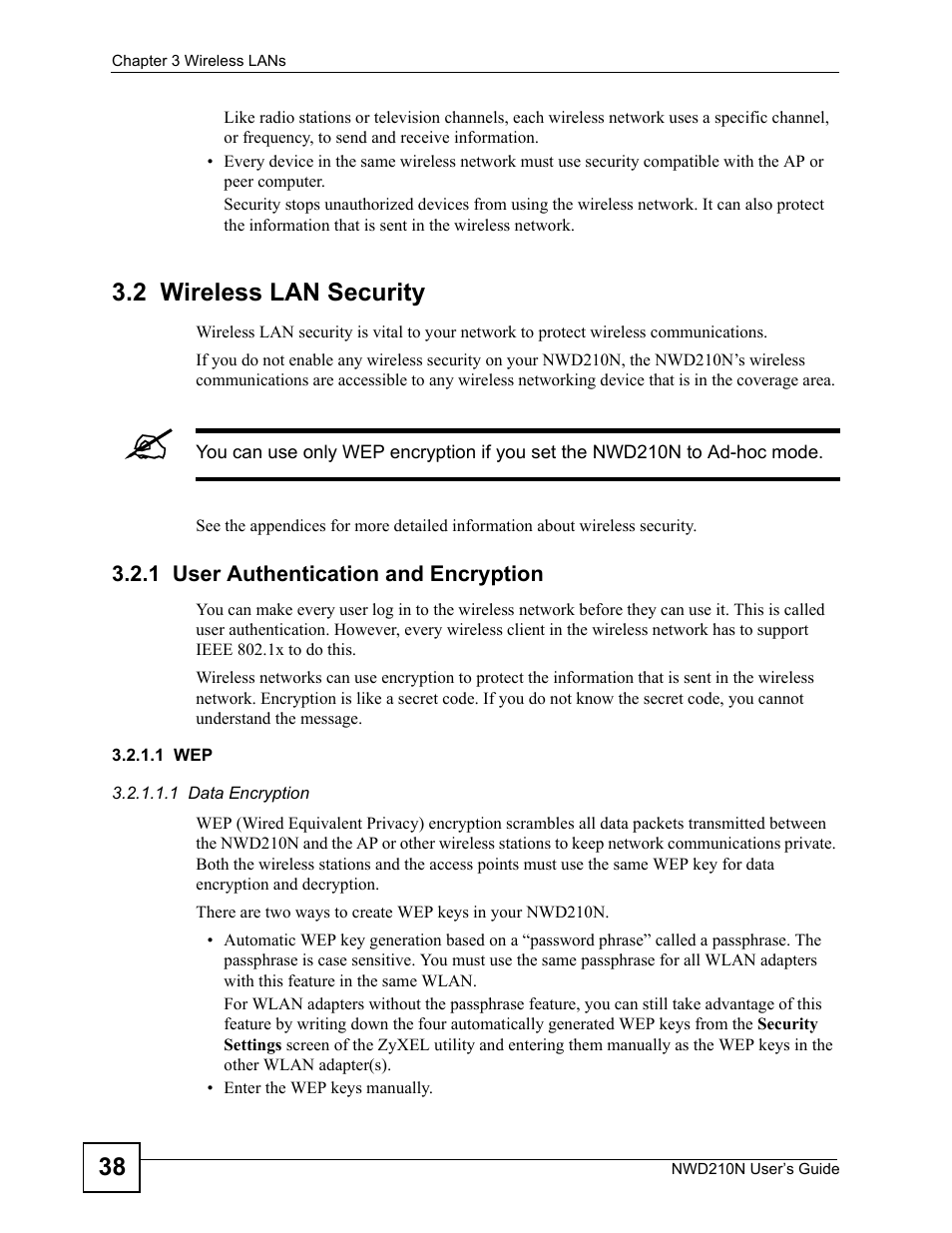 2 wireless lan security, 1 user authentication and encryption | ZyXEL Communications NWD210N User Manual | Page 38 / 152