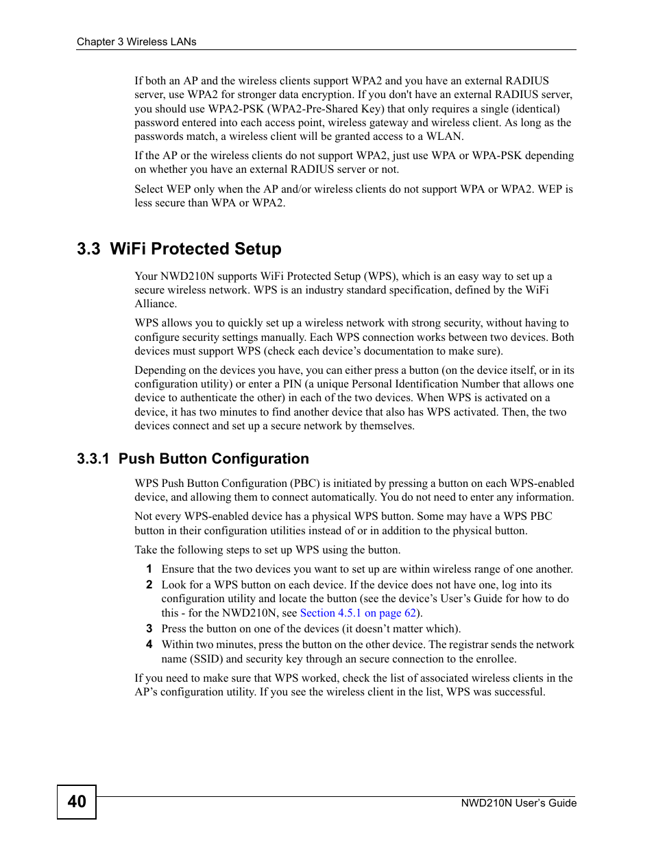 3 wifi protected setup, 1 push button configuration | ZyXEL Communications NWD210N User Manual | Page 40 / 152