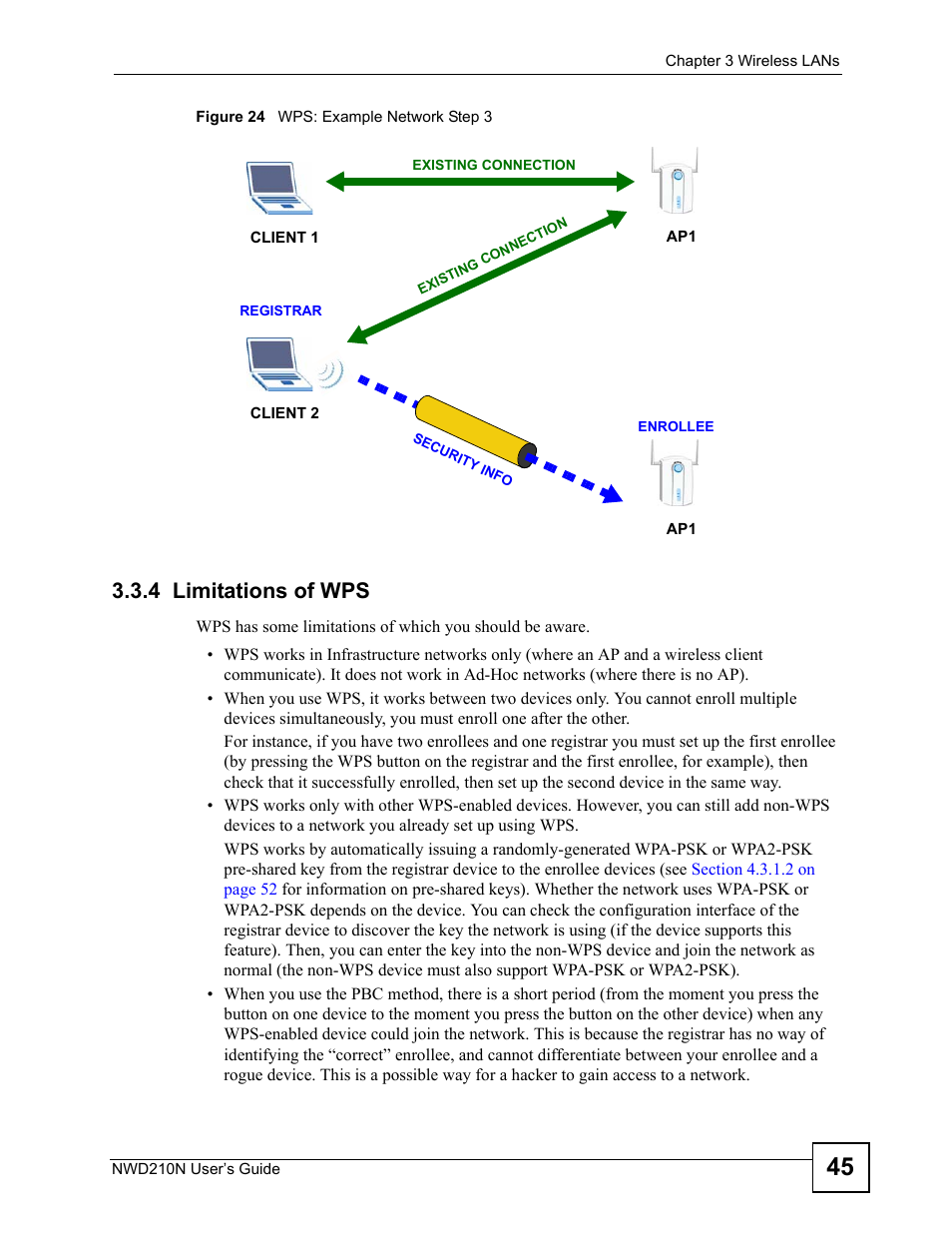 4 limitations of wps, Figure 24 wps: example network step 3 | ZyXEL Communications NWD210N User Manual | Page 45 / 152