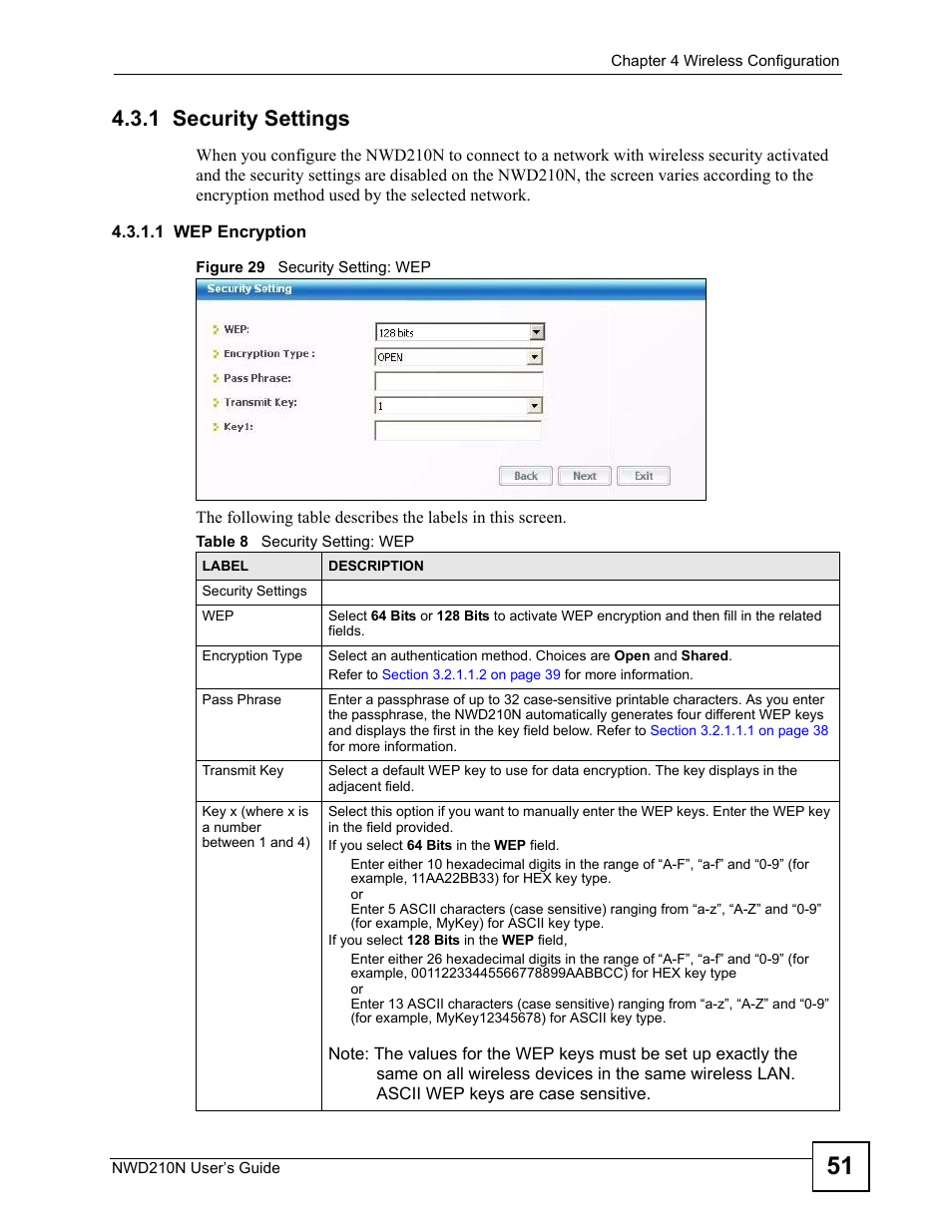 1 security settings, Figure 29 security setting: wep, Table 8 security setting: wep | ZyXEL Communications NWD210N User Manual | Page 51 / 152