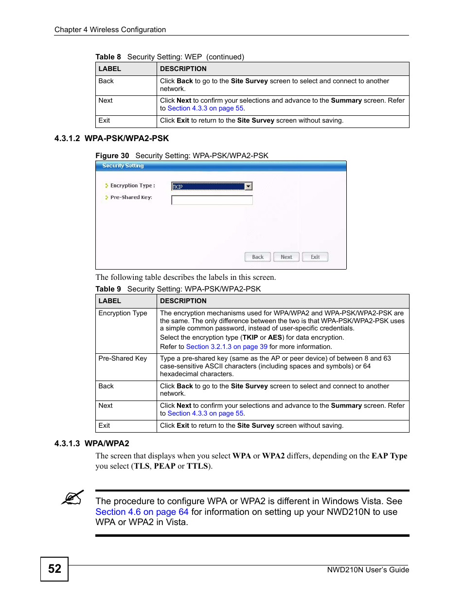Figure 30 security setting: wpa-psk/wpa2-psk, Table 9 security setting: wpa-psk/wpa2-psk | ZyXEL Communications NWD210N User Manual | Page 52 / 152